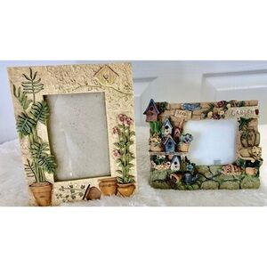 (2) Vintage 90s Hand Painted 3D Garden Bird House Ceramic Picture Frames
